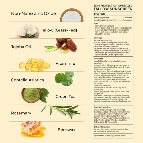 Beef Tallow Sunscreen SPF 50 with Mineral : Instant Sun Protection Non Nano Zinc Oxide Sunblock- Non Greasy Formula- Beach Jogging Outdoor Sports - 3 Fl oz, 85g