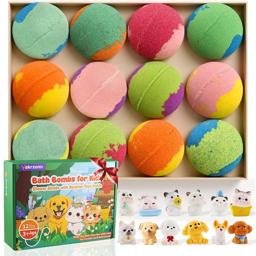 Bath Bombs for Kids with Surprise Toys Inside, 12 Pcs Kids Bath Bombs with Cat Dog Toys, Natural Safe Bathbombs for Moisturizing Sensitive Skin, Fun Bubble Bath Fizzies Gift for Boys Girls Toddlers