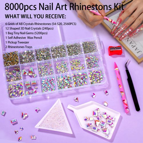 8000pcs Nail Gems and Rhinestones for Nails Art, 240 Shaped Glass AB Crystals Nail Charms for Nails Design, 3D Nail Charms and Gems Nail Jewels, Nail Diamonds Rhinestones Kit w/Wax Pencil, Tweezer