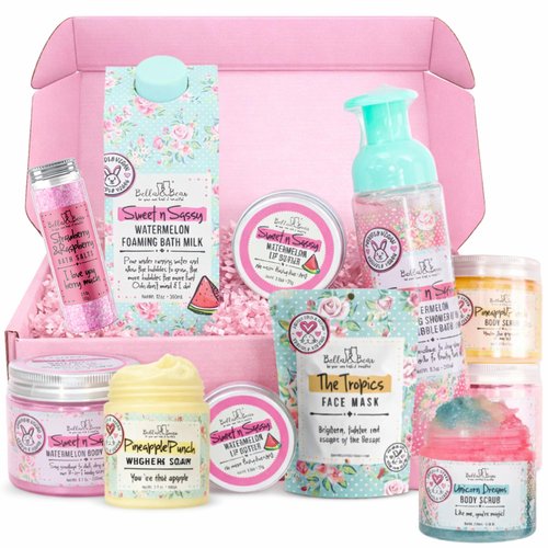 Bella & Bear Spa Gift Set for Girls & Teens – Over $90 Value Beauty Mystery Box – 10–12 Full & Travel Size Bath, Body & Skincare – Birthday & Holiday Gift