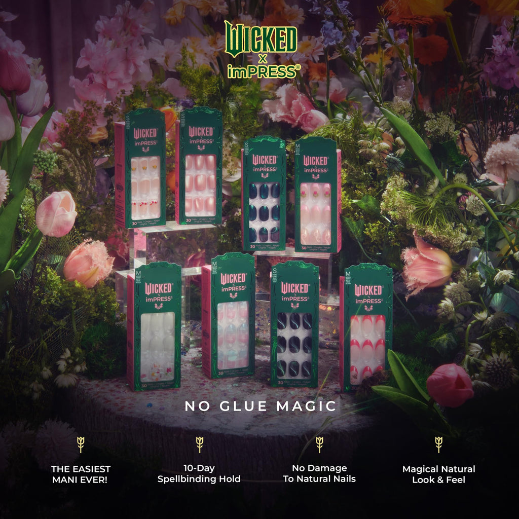 WICKED X imPRESS Press On Nails, New Improved Adhesive, Up To 10 Day Hold, ‘Rainbow of Blooms’, White, Short Squoval, Includes 30 Fake Nails, 1 Prep Pad, 1 Manicure Stick, 1 Mini File