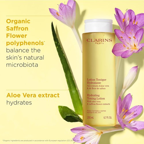 Clarins Hydrating Toning Lotion - Cleanses, Tones & Hydrates | Plant-Based Aloe Vera | Alcohol-Free for Normal to Dry Skin