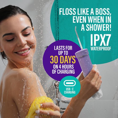 GuruNanda Compact Water Dental Flosser, Portable Travel Size Oral Irrigator Flosser with Collapsible 180 ml Tank, Smart Timer, 4 Flossing Modes, TSA-Friendly - Lavender