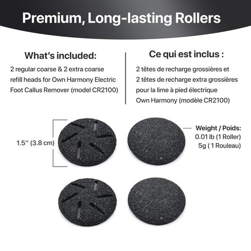 Own Harmony Refill Rollers: Best Fit for Electric Callus Remover Model CR2100 Pedicure Tools - Professional Foot Care for Smooth Feet - Refills 4 Pack Replacement Heads (2 Regular and 2 Extra Coarse)