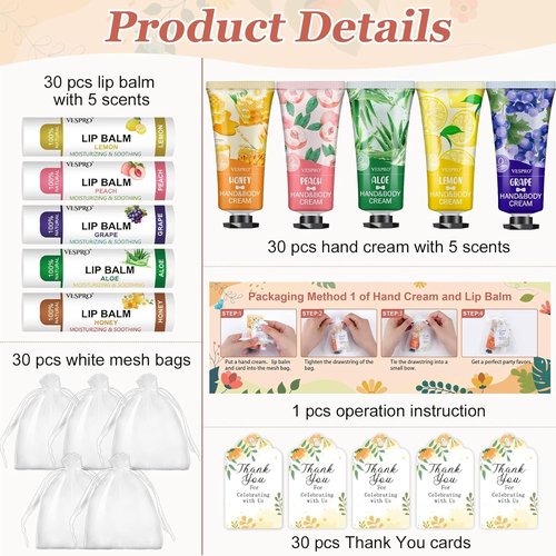 VESPRO Hand Cream and Lip Balm Set - 30 Pack Bulk Gift Set with Thank You Cards & Organza Bags | Perfect for Mother's Day, Weddings, Birthdays, Teacher & Nurse Appreciation
