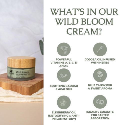 Hearth and Homestead: Handmade Wild Bloom Bio-Active Tallow Face Balm/Cream with Blue Tansy - Hydrate, Nourish, and Protect Skin - .7 oz