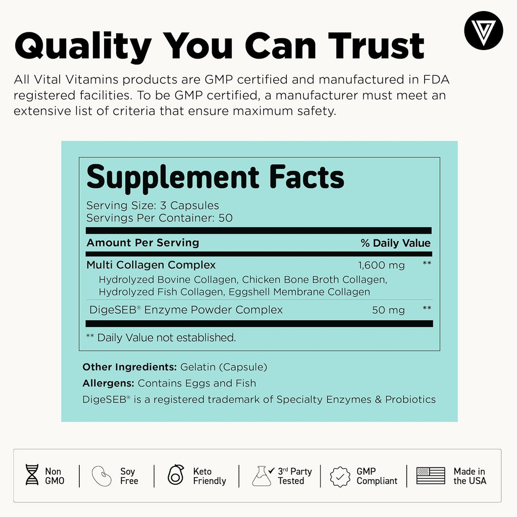 Vital Vitamins Multi Collagen Capsules - Types I, II, III, V, X - Grass Fed & Non-GMO - 150 Count