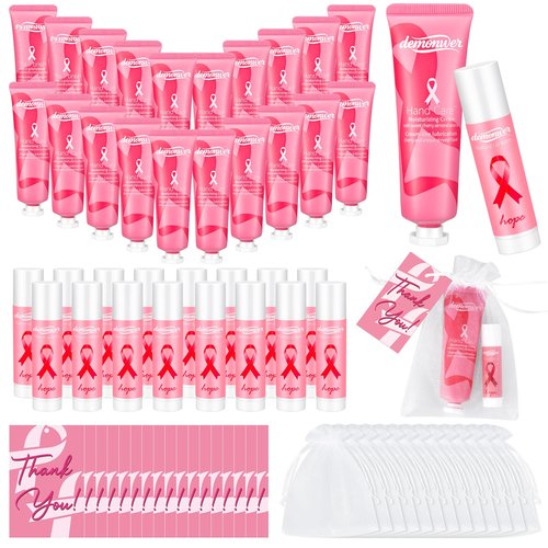 20 Sets Breast Cancer Awareness Favors Pink Ribbon Hand Cream Lip Balm with Thank You Cards Organza Bags Awareness Gifts for Women Nurse Breast Cancer Charity Event Survivor Campaign Party Favors