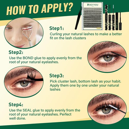 KEYYOULASH Lash Clusters Kit Thick 120pcs 8-18MIX Lash Extension Kit Volume Lash Clusters with Bond and Seal,Remover,Applicators for DIY Eyelash Clusters at Home (KY01 Kit)