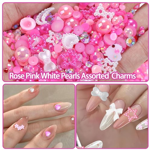 50g Dark Pink Flatback Rhinestones Pearls for Bedazzling, 3-8mm Flatback Rhinestone Gems, 2-10mm Pearls Beads, Moon Star Heart Bowknots Pearl Nail Charms for Crafts DIY Clothes Tumblers