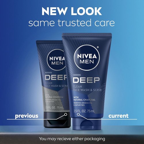 NIVEA MEN Deep Clean Face Wash - Exfoliating Charcoal Formula for Oil Control | 2.5 Fl Oz Tube, Pack of 3