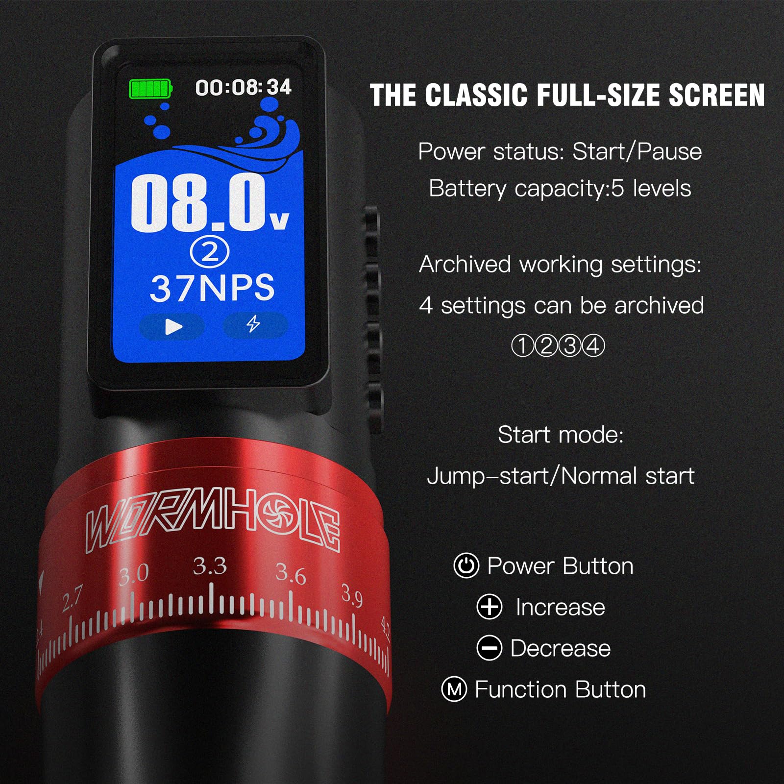 Wormhole Tattoo Gun Wireless Tattoo Machine Multi-function Smart Tattoo Pen 2,300mAh 2PCS Battery Replacement Power Supply, Smart Display, 7 Strokes Length
