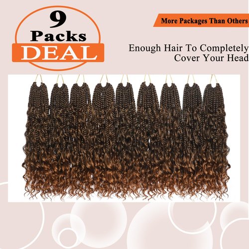 Flagship 9 Packs Goddess Box Braids, 14 Inch Ombre Pre-looped Crochet Braids with Curly Ends, Bohemian Curly Hippie Box Braids - T30