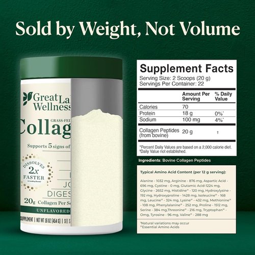 Great Lakes Wellness Collagen Peptides Powder - Hydrolyzed, Quick-Dissolve Formula for Skin, Hair & Joints | 16 oz, 22 Servings