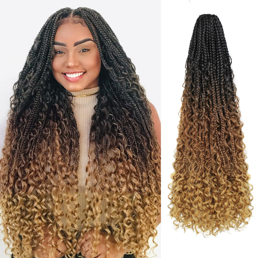Vustbeauty 9 Packs Boho Box Braids Crochet Hair 24 Inch Goddess Box Braids Crochet Hair With Curly Ends Synthetic Bohemian Braids Hair Extension For Women (24inch, 1b/30/27)
