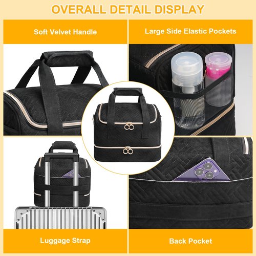 Veirdro Nail Polish Organizer Bag Holds 80 Bottles (15ml/0.5fl.oz)& Nail Lamp, Soft Velvet Nail Kit Storage Carrying Case with Shoulder Strap, Double Layer Nail Supplies Organizer Handbag Women Black