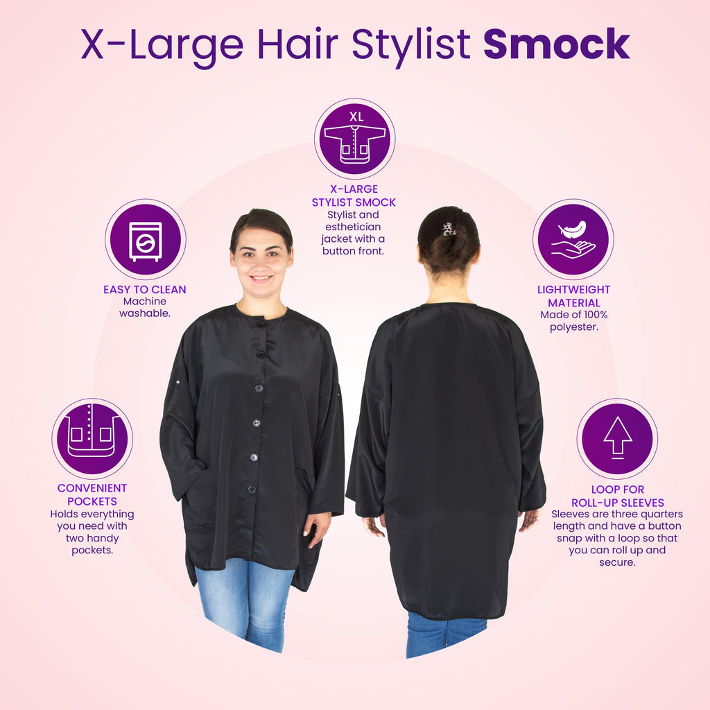 X-Large Plus Size Hair Stylist Tunic - Salon Smock with Roll Sleeves & Pockets - Esthetician Jacket (X-Large)