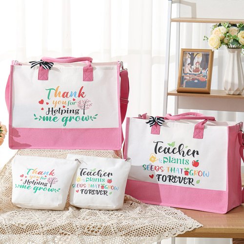 Hillban 4 Set Teacher Appreciation Valentines Gift Bulk Thank You Teacher Tote Bags Embroidery Inspirational Cosmetic Bag for Women (Pink,Purple)