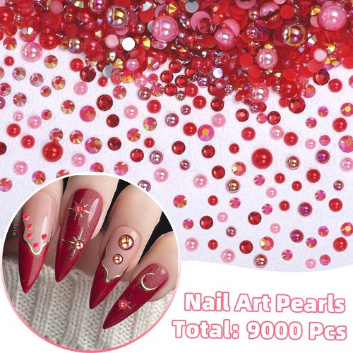 9000 Pcs Red Flatback Pearls and Rhinestones for Crafts, 3/4/5/6mm Jelly Resin Rhinestones, Mixed Size 3/4/6/8mm Half Pearl Bedazzling Gems for Nail DIY Crafts Mugs Bottles Tumblers Clothes Makeup