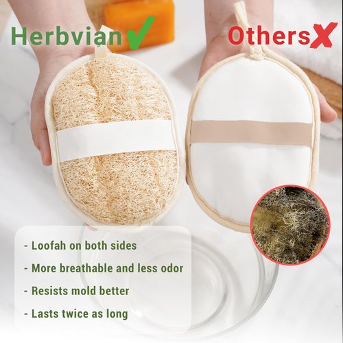 Herbvian Vietnamese Natural Loofah Exfoliating Body Scrubber Pads, 100% Plant-Based Shower Luffa Sponge, Bath Loofah for Women Men (Pack of 3)