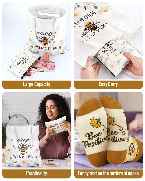 Bulyoou 3 Pcs Bee Themed Gifts for Women Funny Honeybee Canvas Tote Bag with Zipper Makeup Bag and Socks Bee day Holiday Birthday Gifts for Mother Teachers Employee Beekeepers Lovers