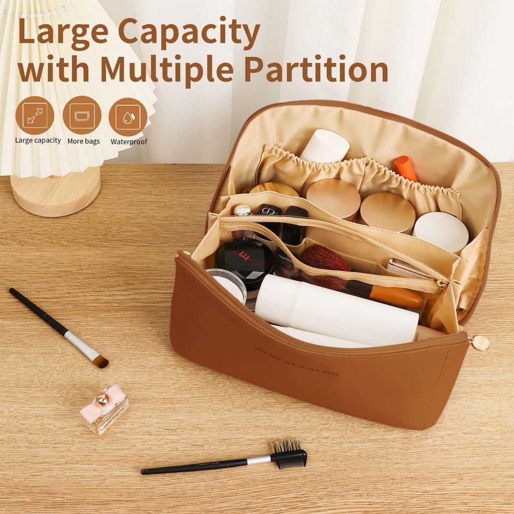 zaleeta Travel Makeup Bag, Large Capacity Cosmetic Organizer Bags for Women, Waterproof PU Leather Toiletry Bags, Wide Open Flat Makeup Case with Divider and Handle