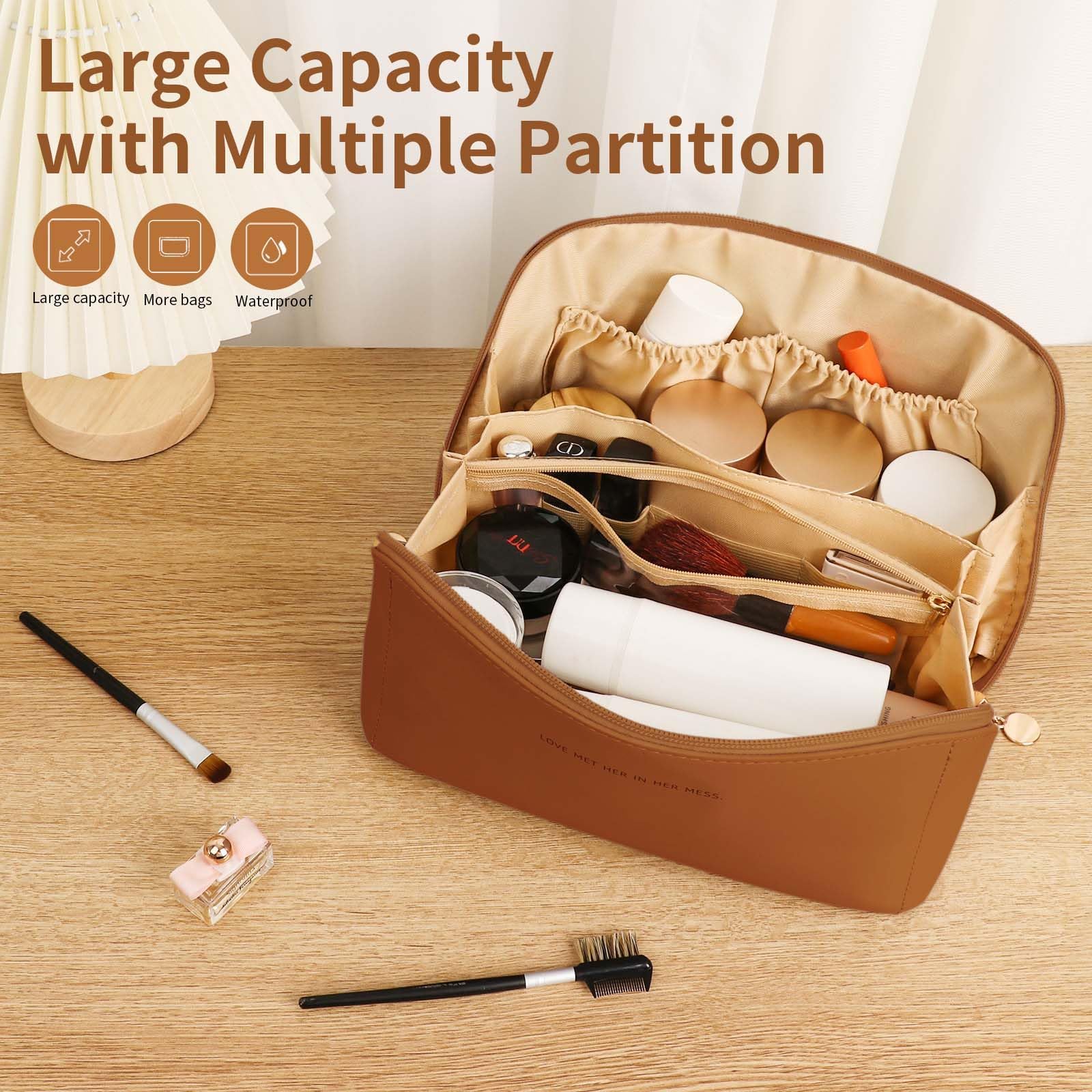 zaleeta Travel Makeup Bag, Large Capacity Cosmetic Organizer Bags for Women, Waterproof PU Leather Toiletry Bags, Wide Open Flat Makeup Case with Divider and Handle