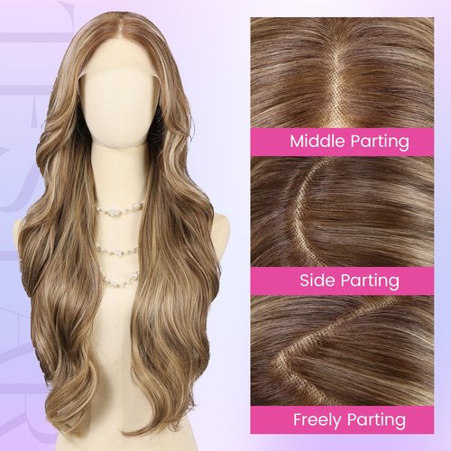 testar Brown Wigs Lace Front Wig Ready to Wear 13x6 HD Glueless Wave Lace Wig for White Women Heat Resistant Synthetic Fiber Wig Long Wavy Wig Natural Black (28 Inch)