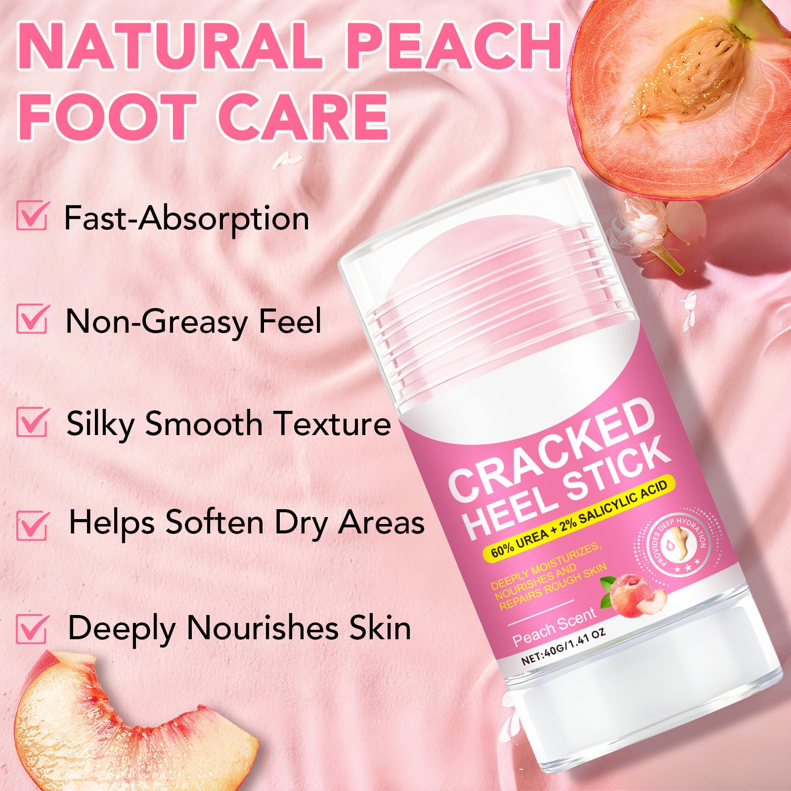 XIAMOFUZHOU 60% Urea plus 2% Salicylic Acid Foot Care Stick, Deep Hydration Soften & Smooth Thickened Areas, Intensive Moisturizer Repairs for Dry, Cracked Heels & Thickened Skin (1.41 Ounce, Peach)