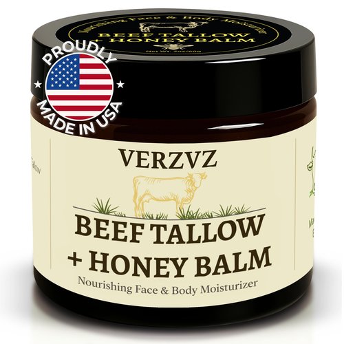 Beef Tallow for Skin and Face – Tallow and Honey Balm Moisturizer, 100% Grass-Fed Beef Tallow with Raw Organic Honey, Beeswax, Olive Oil & Vitamin E – Deep Hydration – Proudly Made in USA – 2oz