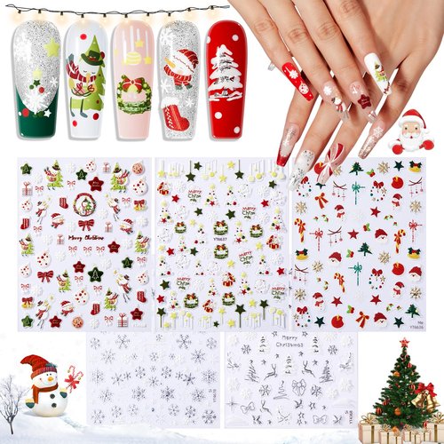 modelones Christmas Nail Stickers 3D Self-Adhesive nail decals Christmas Tree, Snowflakes, Santa Claus, Reindeer & Snowman, Winter Holiday Christmas DIY Nail Stickers for Women & Kids 5Pcs