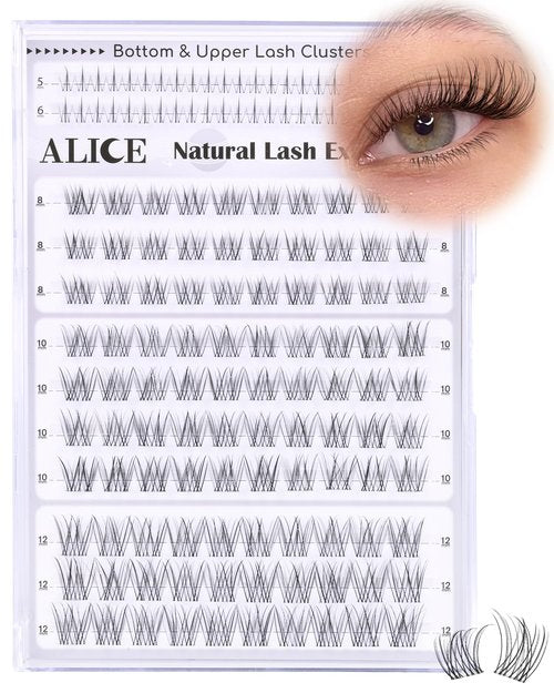 ALICE Natural Short Lash Clusters 8-12mm Eyelash Clusters Wispy Cluster Eyelash Extensions Clear Band Individual Lashes with 5-6mm Bottom Lashes