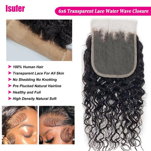 Isufer 6x6 Closure Water Wave Frontal Hd Transparent Lace 10 Inch Pre Plucked Natural Hairline With Baby Hair High Density Wet And Wavy Brazilian Virgin Human Hair
