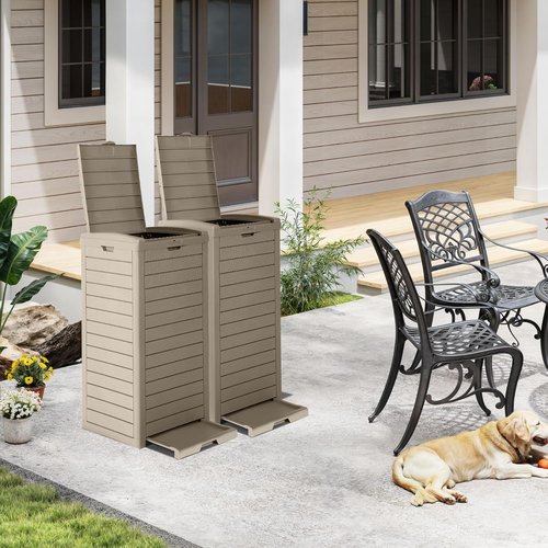 DWVO 38 Gallon Outdoor Trash Can - Waterproof Resin Garbage Bin with Lid & Drip Tray | Taupe