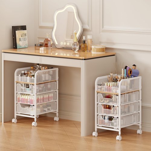 Rolling Makeup Cart Organizer with 3 Drawers, 4-Tier Narrow Floor Skincare Organizers with dividers, Vanity Organizer Cosmetics Display Cases for Makeup Brush, Hair Tool, White