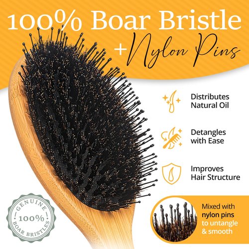Skiennix Premium Boar Bristle Hair Brush Set - Restores Shine & Health for Thick, Curly Hair | Includes Comb & Travel Bag