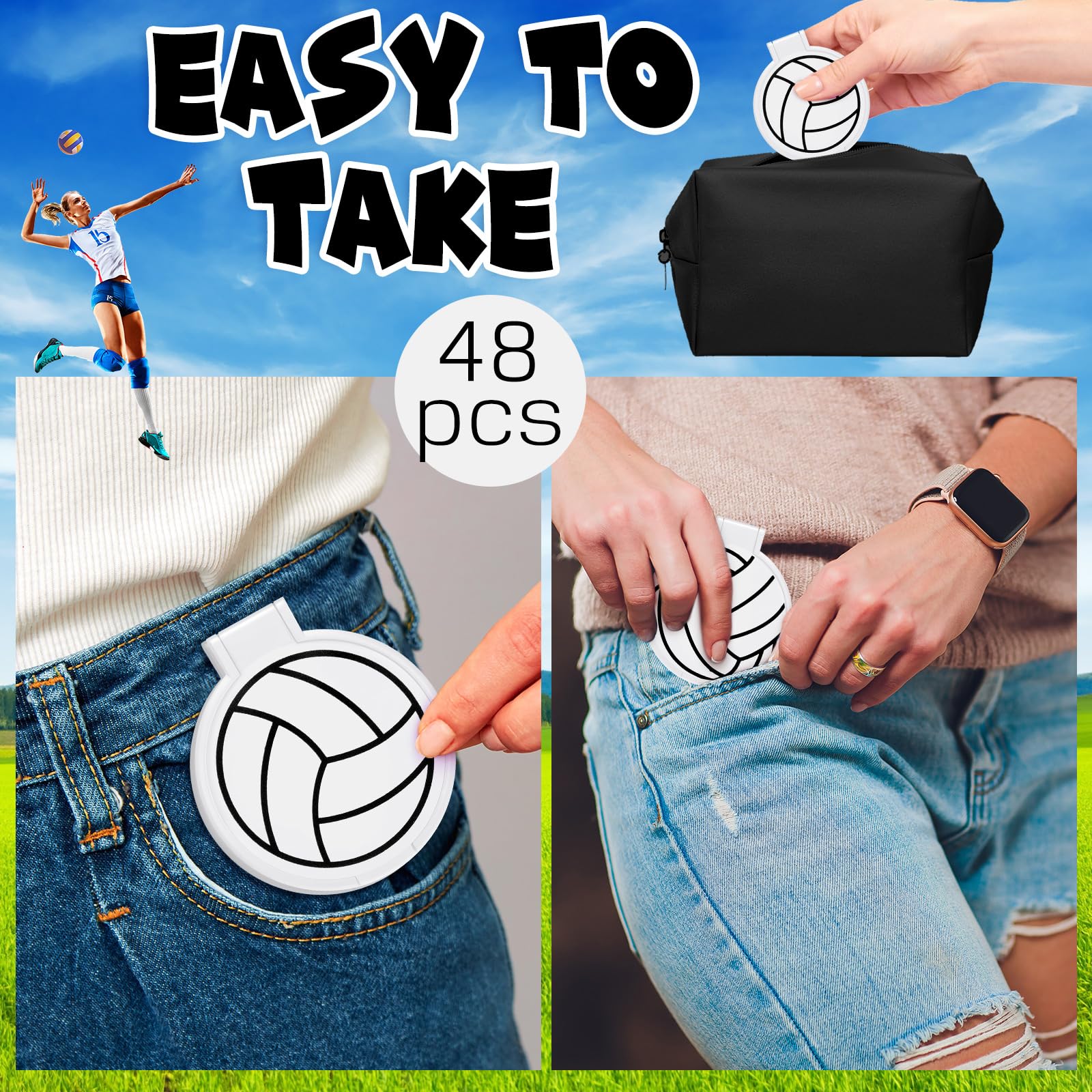 Weysat 48 Pcs Volleyball Gifts for Girls Team Compact Mirrors Bulk, Round Makeup Pocket Mirror Bulk 2.76 Inch, Volleyball Accessories Party Favors for Player Women, Mini Mirror for Purse Sports Travel
