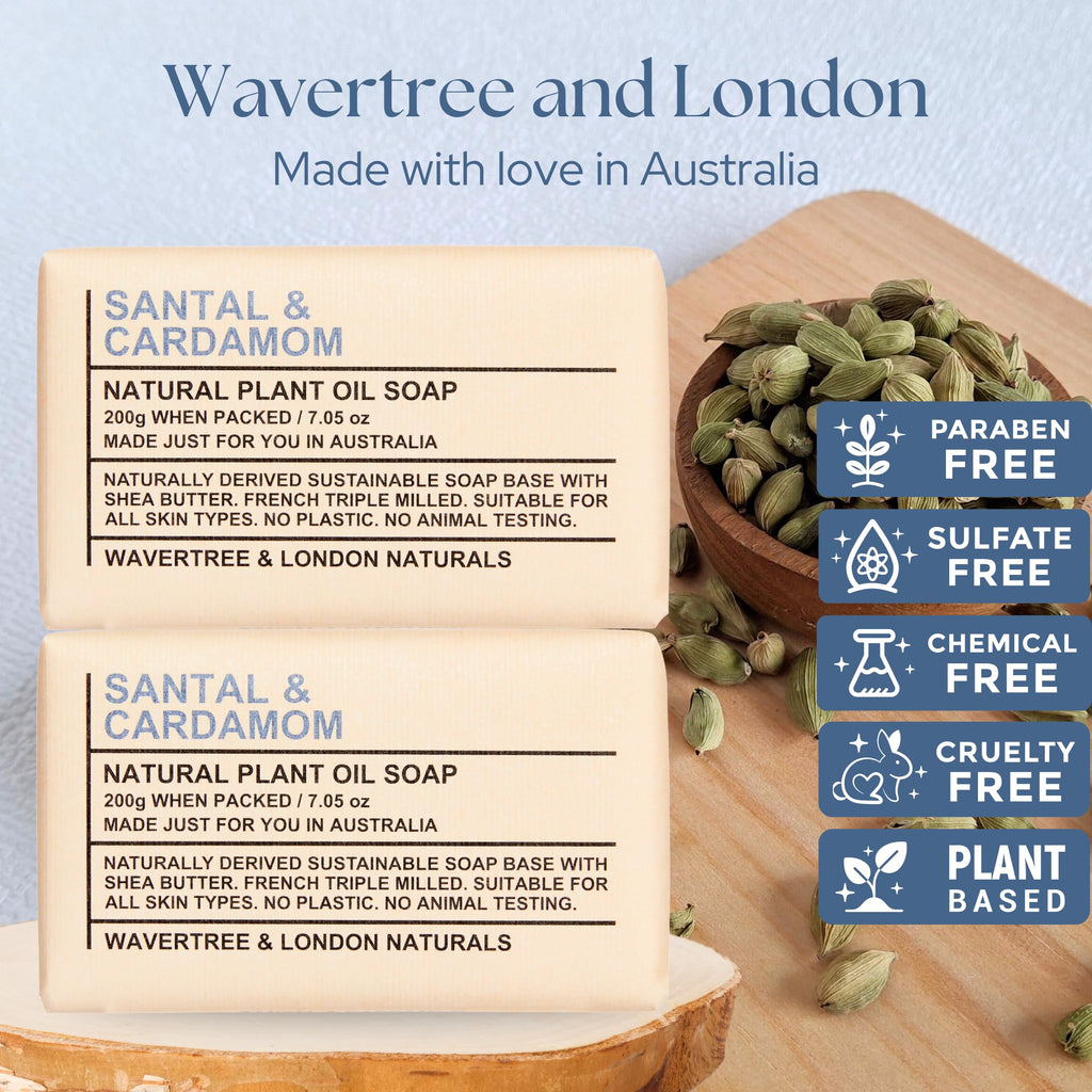 Wavertree & London Santal & Cardamon Scented Natural Soap Bars (2 Bars), 7oz Moisturizing French Triple Milled Soap enriched with shea butter - Plant Oil Bath & Body Soap Bars [100% Naturally derived]