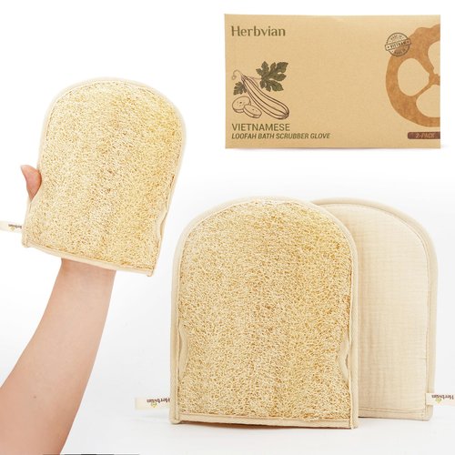 Premium Vietnamese Natural Loofah Gloves – Exfoliating Body Scrubber Mitts with Thumb Holes, Easy Grip Design, for Men & Women, Shower & Bath (Pack of 2)