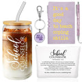Sunnychicc 5 Pcs School Counselor Must Have for Women 16oz Glass Cup Makeup Bag Leather Notebook Pen Keychain Thank You Gift for School Counseling Week Guidance Teacher Appreciation(Purple)