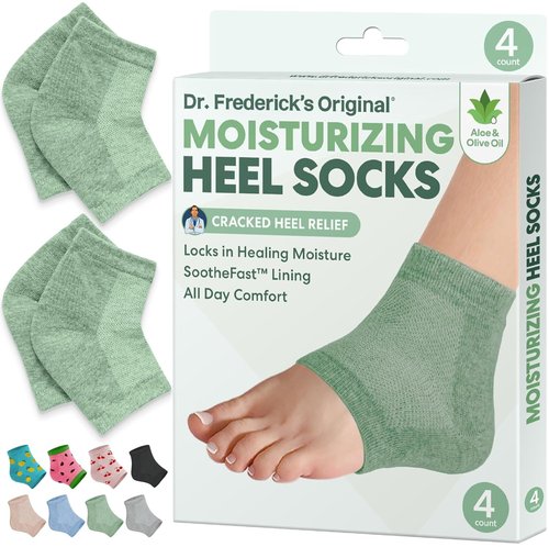 Dr. Frederick's Moisturizing Heel Socks - Olive Oil & Vitamin E Infused for Cracked Heels - 2 Pairs - Green Aloe