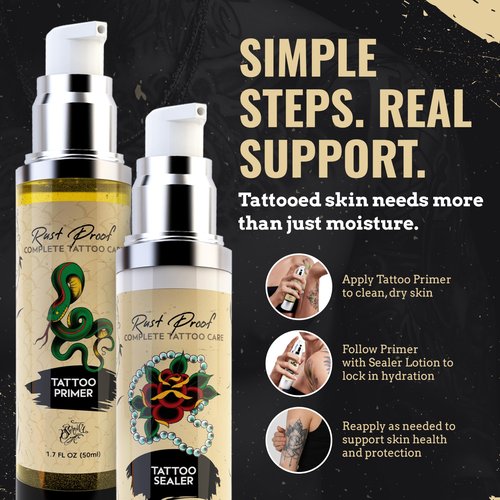 Rust Proof Complete Tattoo Care – Comprehensive Pre & Post Tattoo Skincare Set with Body Oil & Moisture Sealing Body Lotion – Lightweight Hydration & Moisture Barrier Protection – 2- Piece Bundle