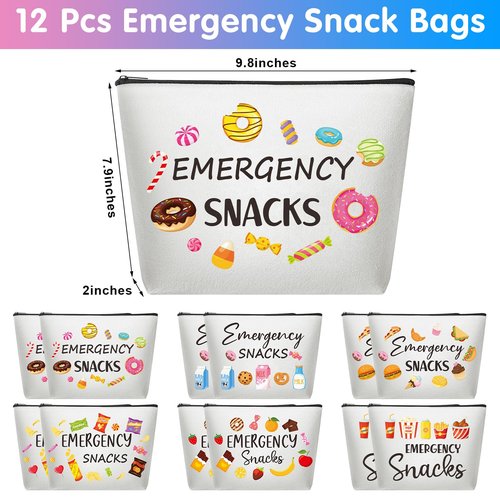 Reginary 12 Pcs Emergency Snack Bags Bulk Food Makeup Bag Foodie Zipper Cosmetic Pouch Reusable Emergency Snack Pouch for Women Girls Trip Gifts Favors School Work Travel Organizer