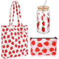 Bulyoou Strawberry Gift Set, Included 16oz Glass Cups with Lids and Straws Waterproof Travel Bag Pouch Strawberry Makeup Bag and Corduroy Tote for Women Christmas Birthday Mothers Day