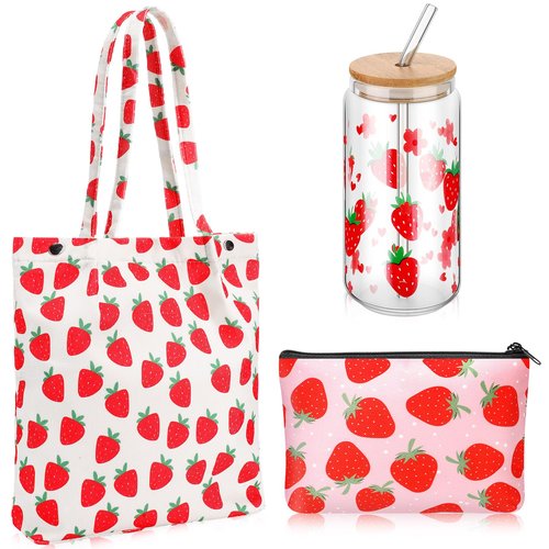 Bulyoou Strawberry Gift Set, Included 16oz Glass Cups with Lids and Straws Waterproof Travel Bag Pouch Strawberry Makeup Bag and Corduroy Tote for Women Christmas Birthday Mothers Day