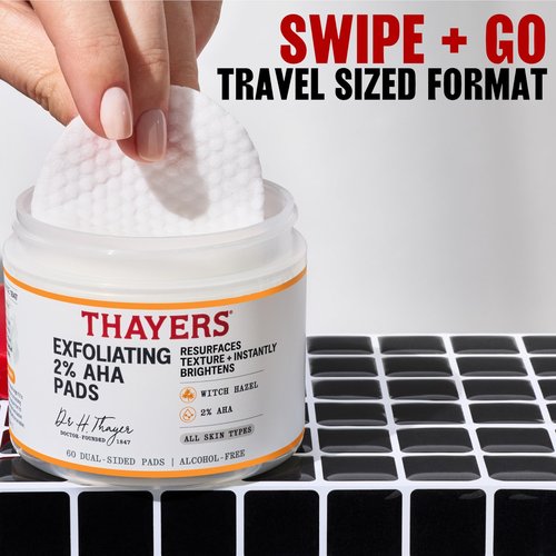 Thayers Exfoliating 2% AHA Toner Pads, Dual-Sided Exfoliating Pads with Witch Hazel, Glycolic Acid and Lactic Acid to Resurface Skin Texture and Instantly Brighten, For All Skin Types, 60 Count