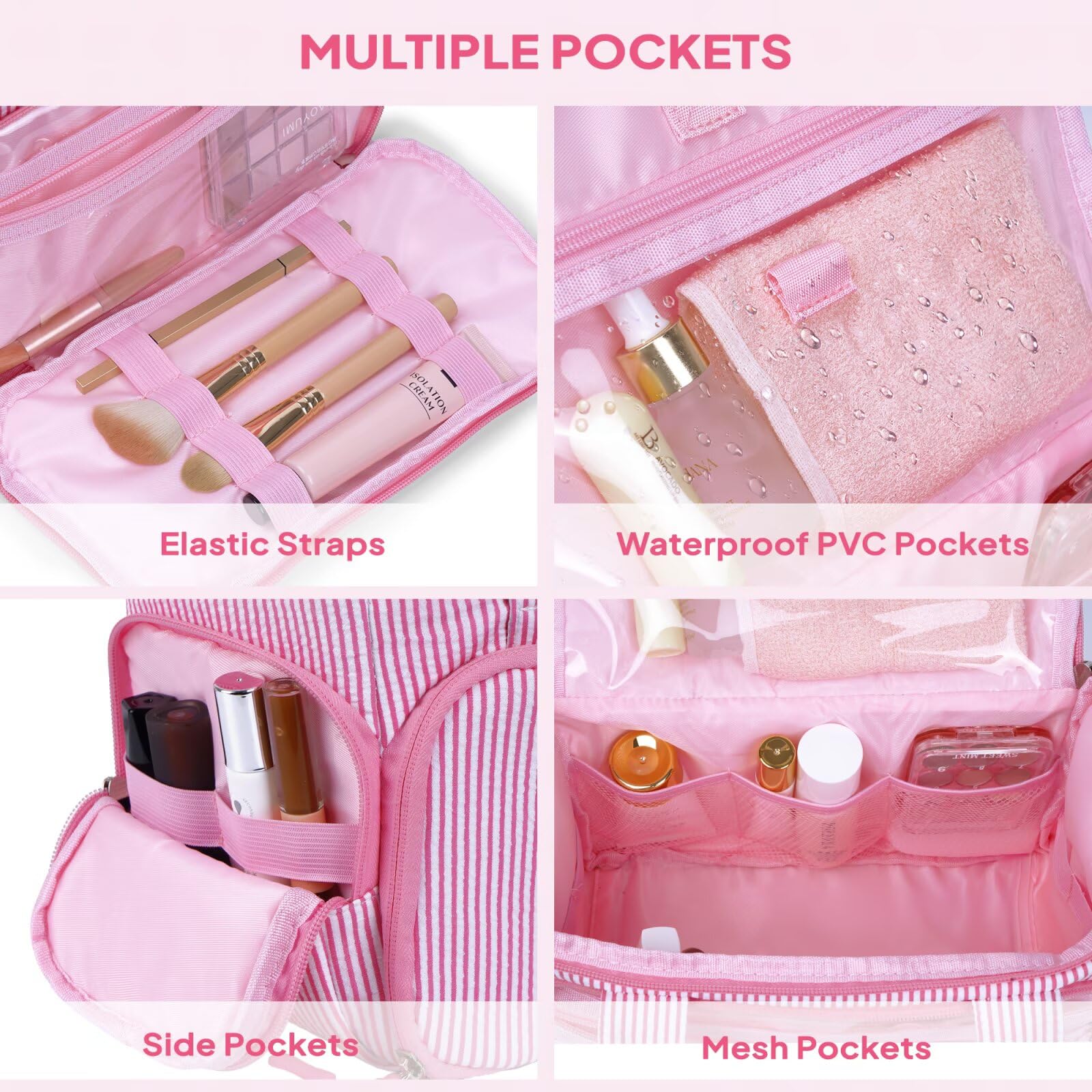 YOOLIFE Travel Toiletry Bag for Women, Initial Hanging Toiletry Bag for Teen Girls, Birthday Gifts for 10 11 12 13 14 15 16 17 Year Old Girls, Pink (A)