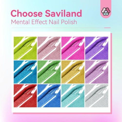 SAVILAND Metallic Nail Polish with Base and Top Coat: Chrome Nail Polish Set 12+2 Colors Mirror Glitter Holographic Silver Pink Quick-Dry Nail Polish for Fingernail French Manicure Art DIY Gift