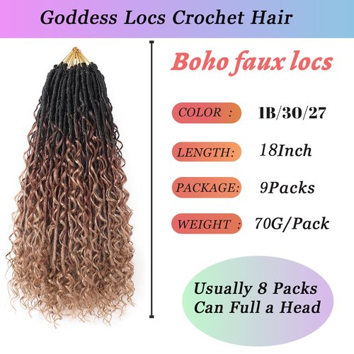 9 Packs Crochet Hair 18Inch Goddess Locs with Curly Ends Long Bohemian River Pre Looped Crochet Hair for Black Women(18inch,1B/30/27)