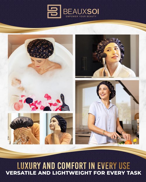 Luxury Reusable Shower Cap for Women - Satin Lined, Adjustable & Waterproof - Keeps Hair Dry- Durable Hair Bonnet by BEAUXSOI (Fleur de Nuit) - Floral design